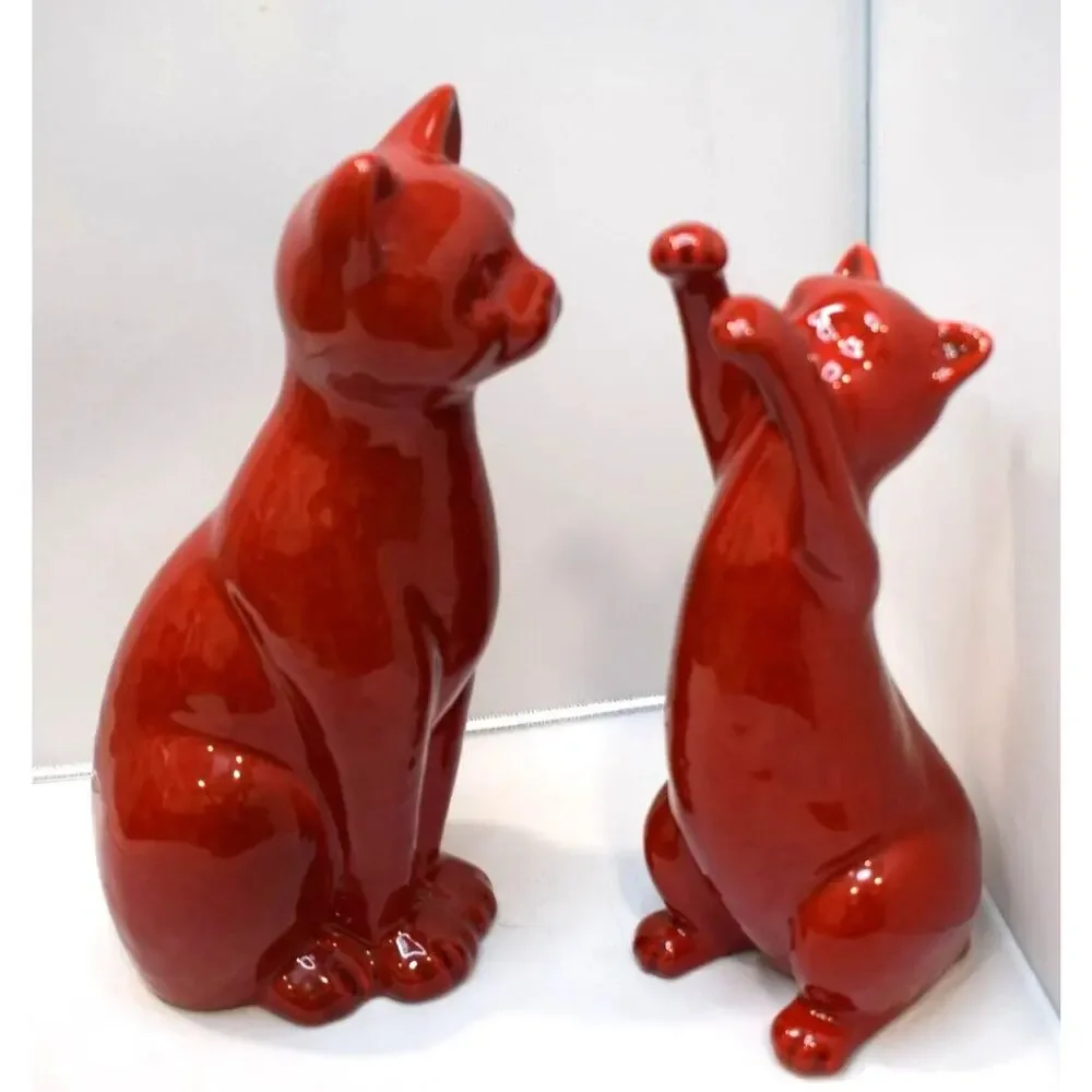 Mid Century Modern MCM Brick Red Ceramic Cats Mom‎ 10 inch and Kitten 8 Inch